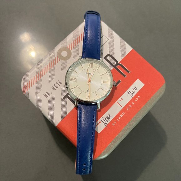 NWT: Fossil - Jacqueline Navy Leather Watch with Box - Picture 1 of 7